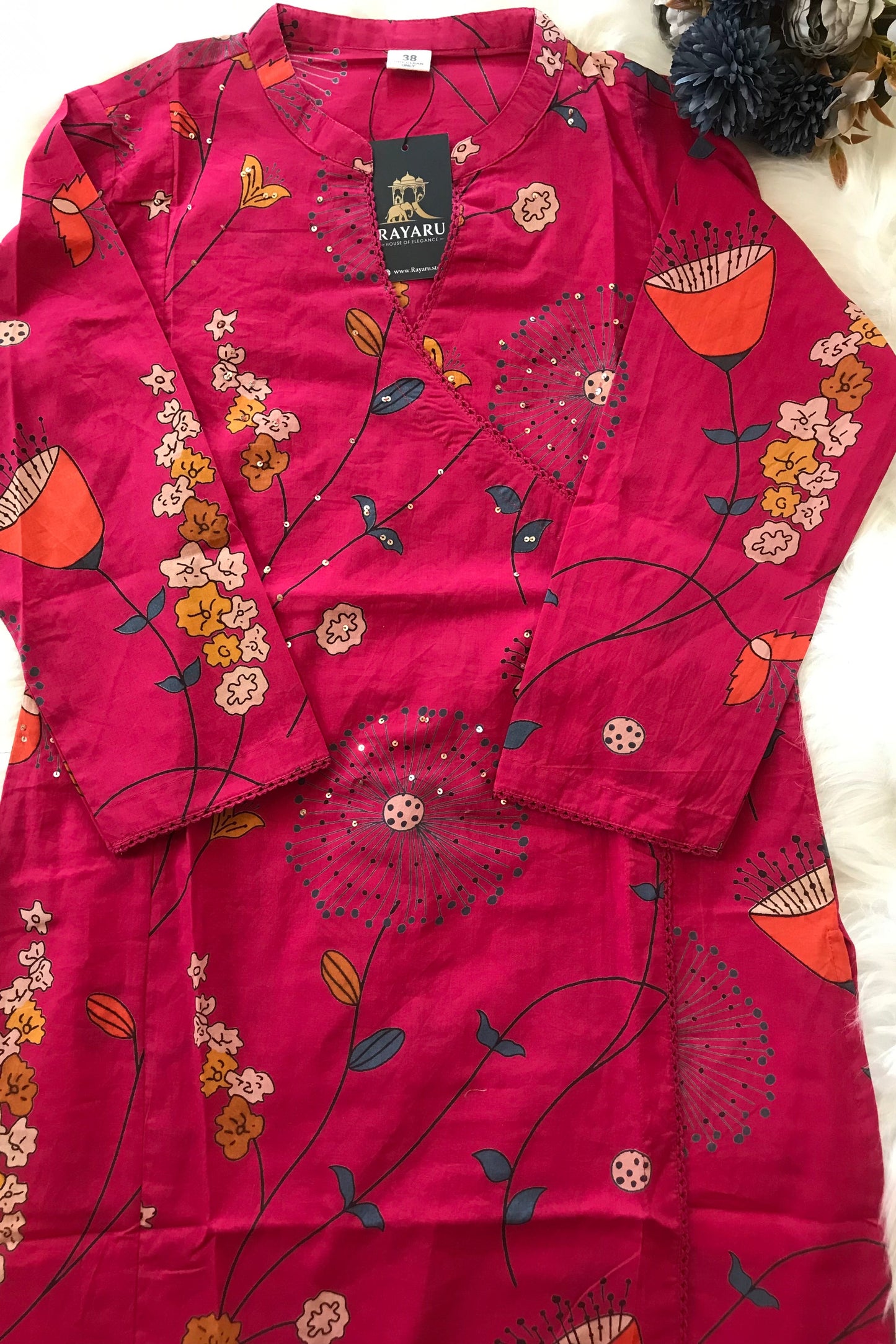 Angrakha Cotton Kurti 2-Piece Set – Rani Pink