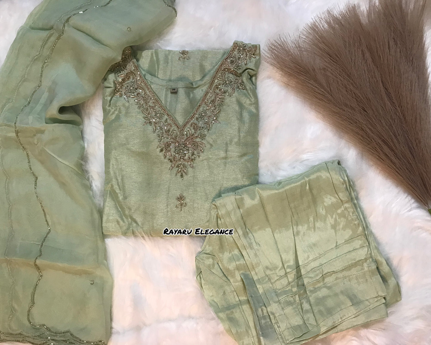 Pastel Green Russian Silk Kurti Set with Pant & Dupatta