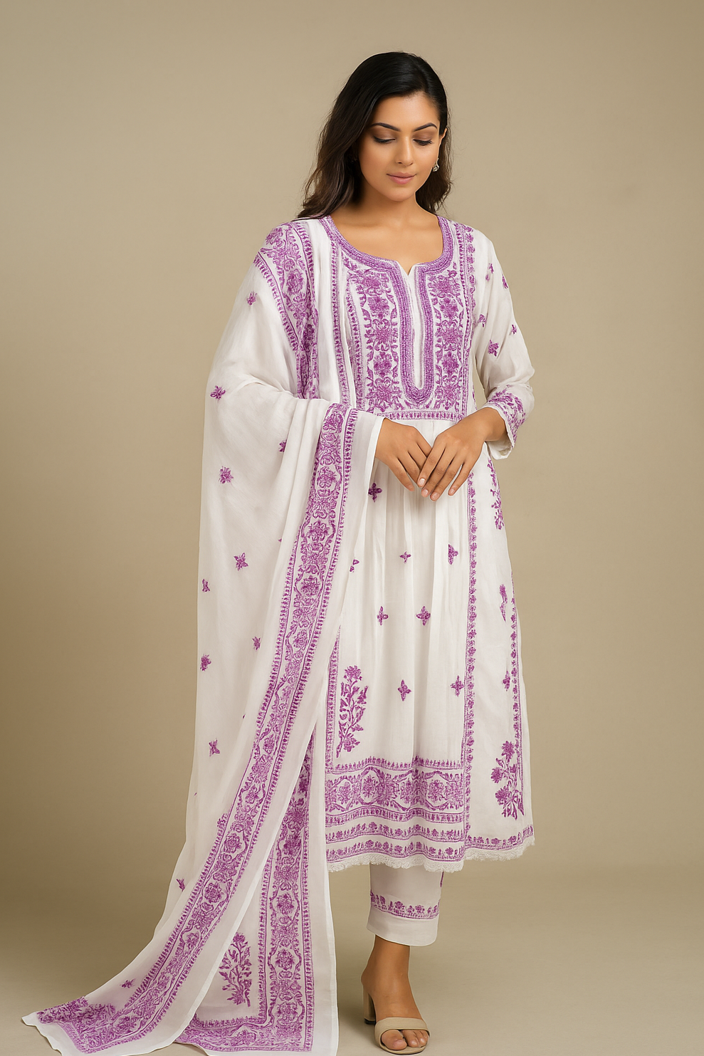 White Mul Cotton Kurta Set – Purple Print