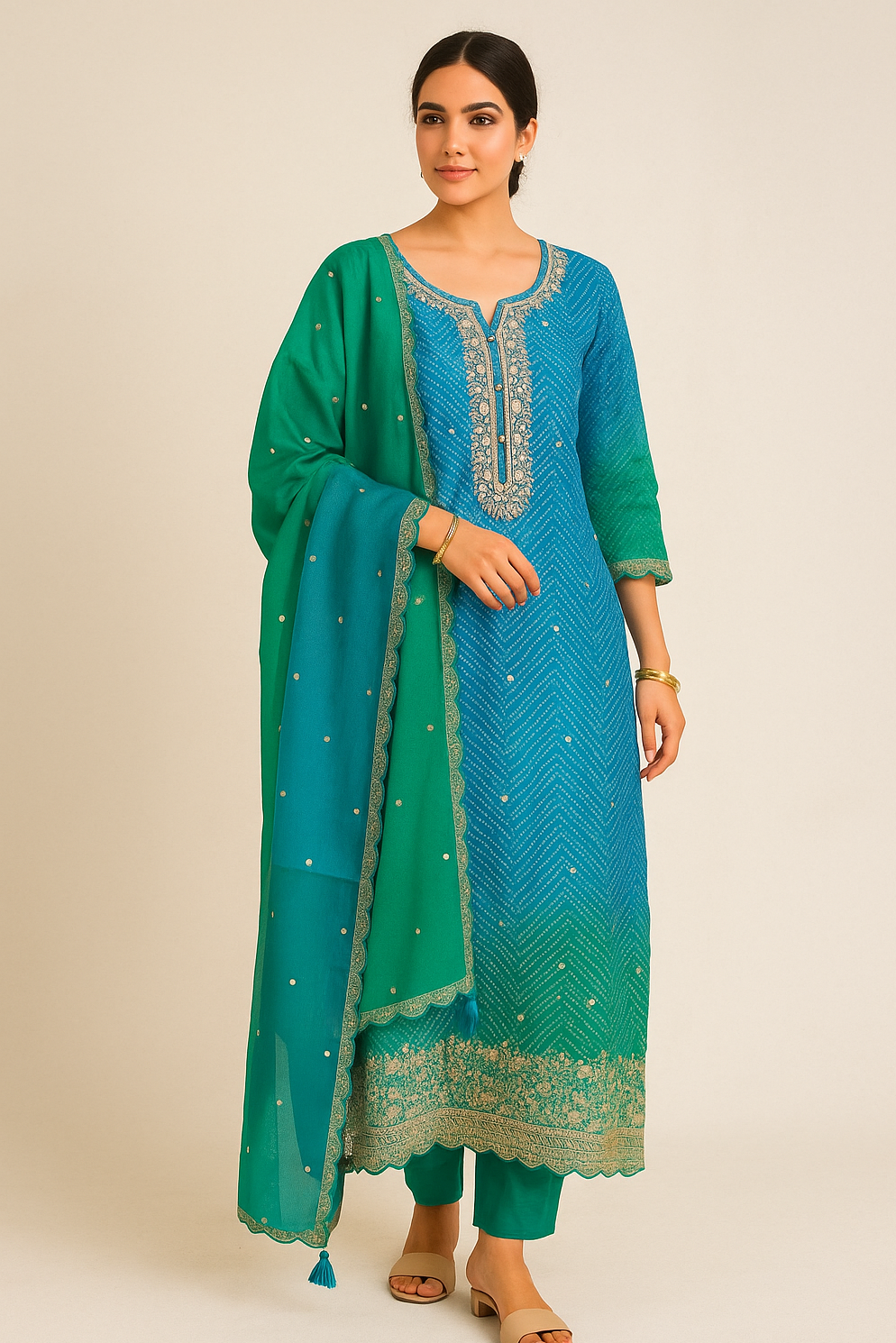 A stunning teal blue silk Kurti adorned with intricate golden threadwork