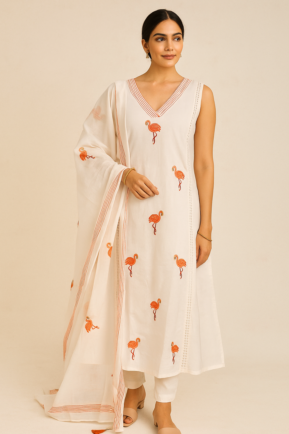 Flamingo-embroidered kurti set