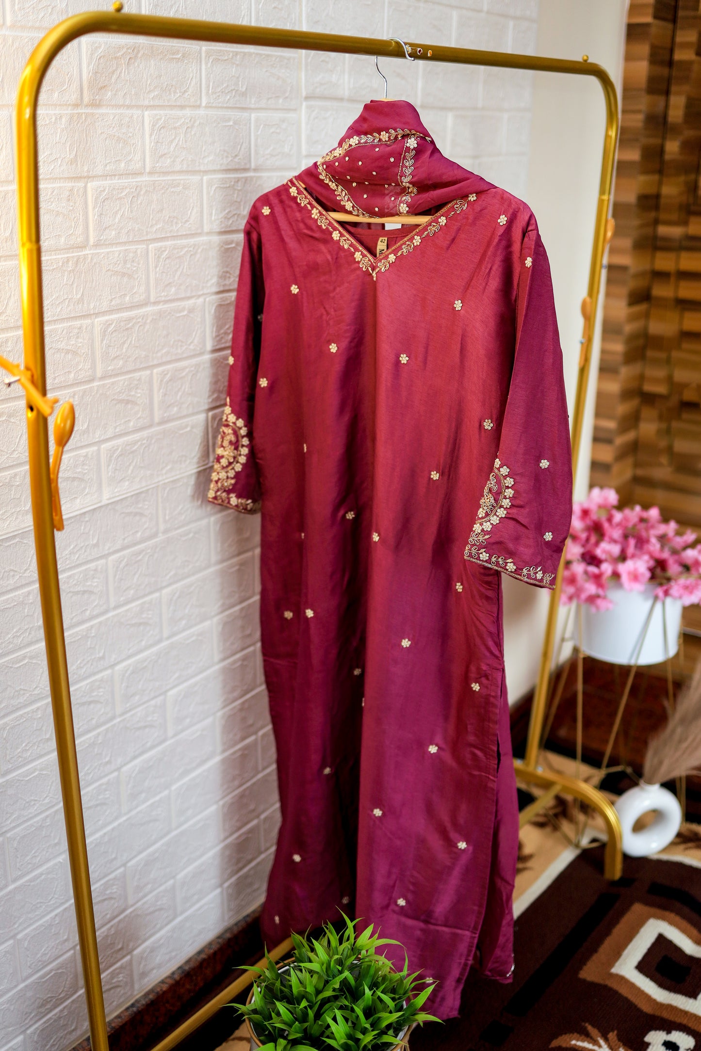 Elegant burgundy embroidered suit set