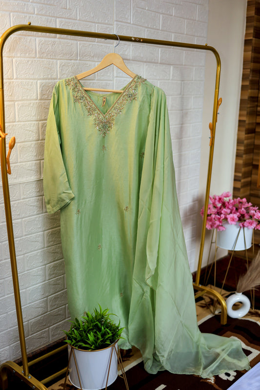 Pastel Green Russian Silk Kurti Set with Pant & Dupatta
