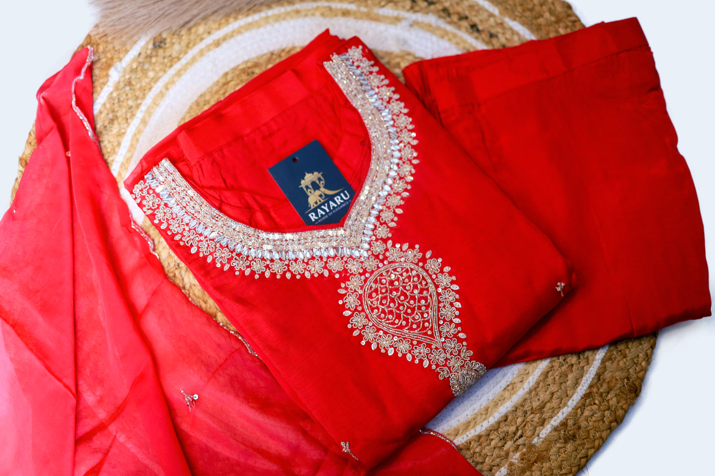 Rani pink Russian silk kurti set with golden embroidery