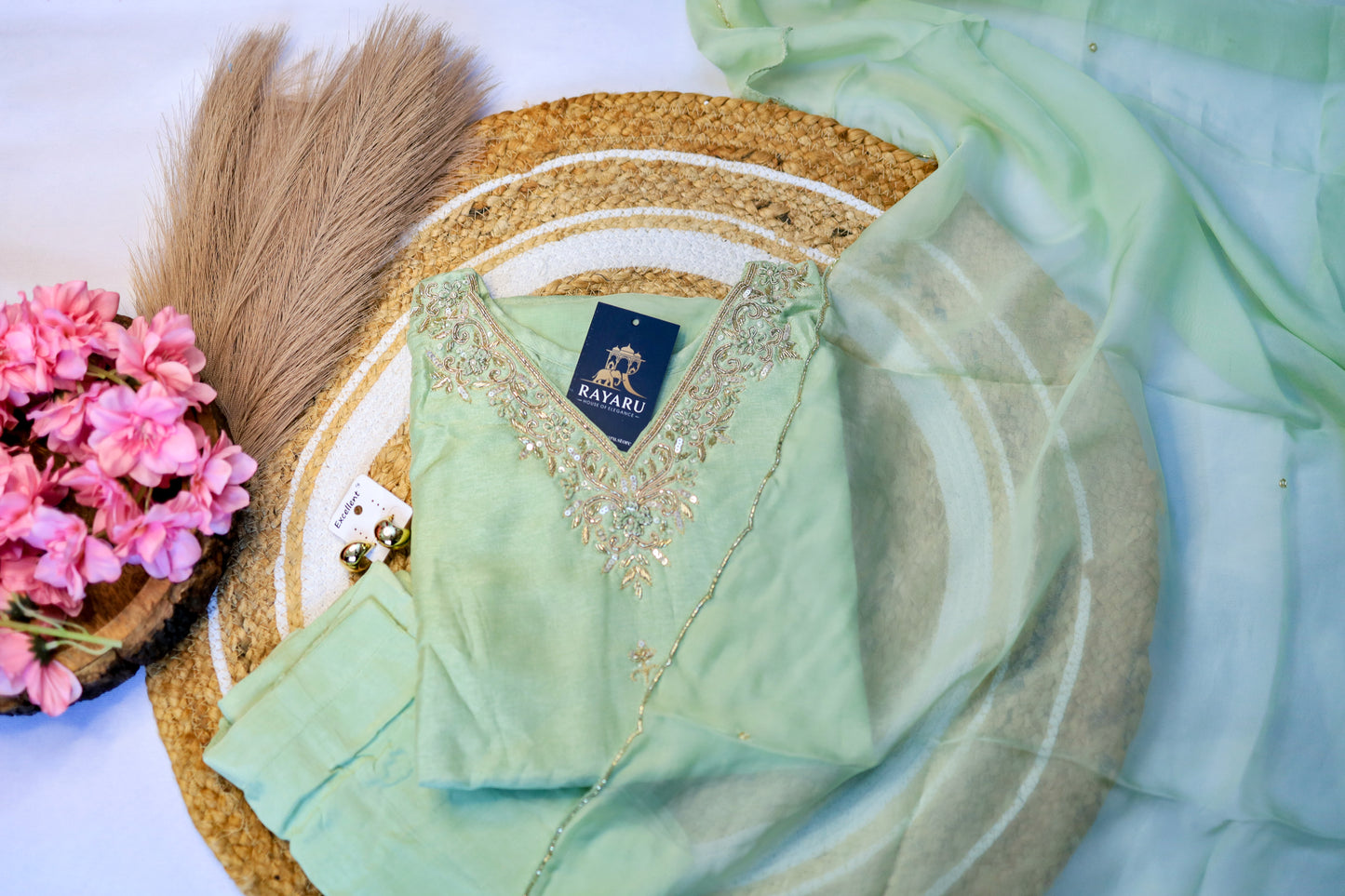 Pastel Green Russian Silk Kurti Set with Pant & Dupatta