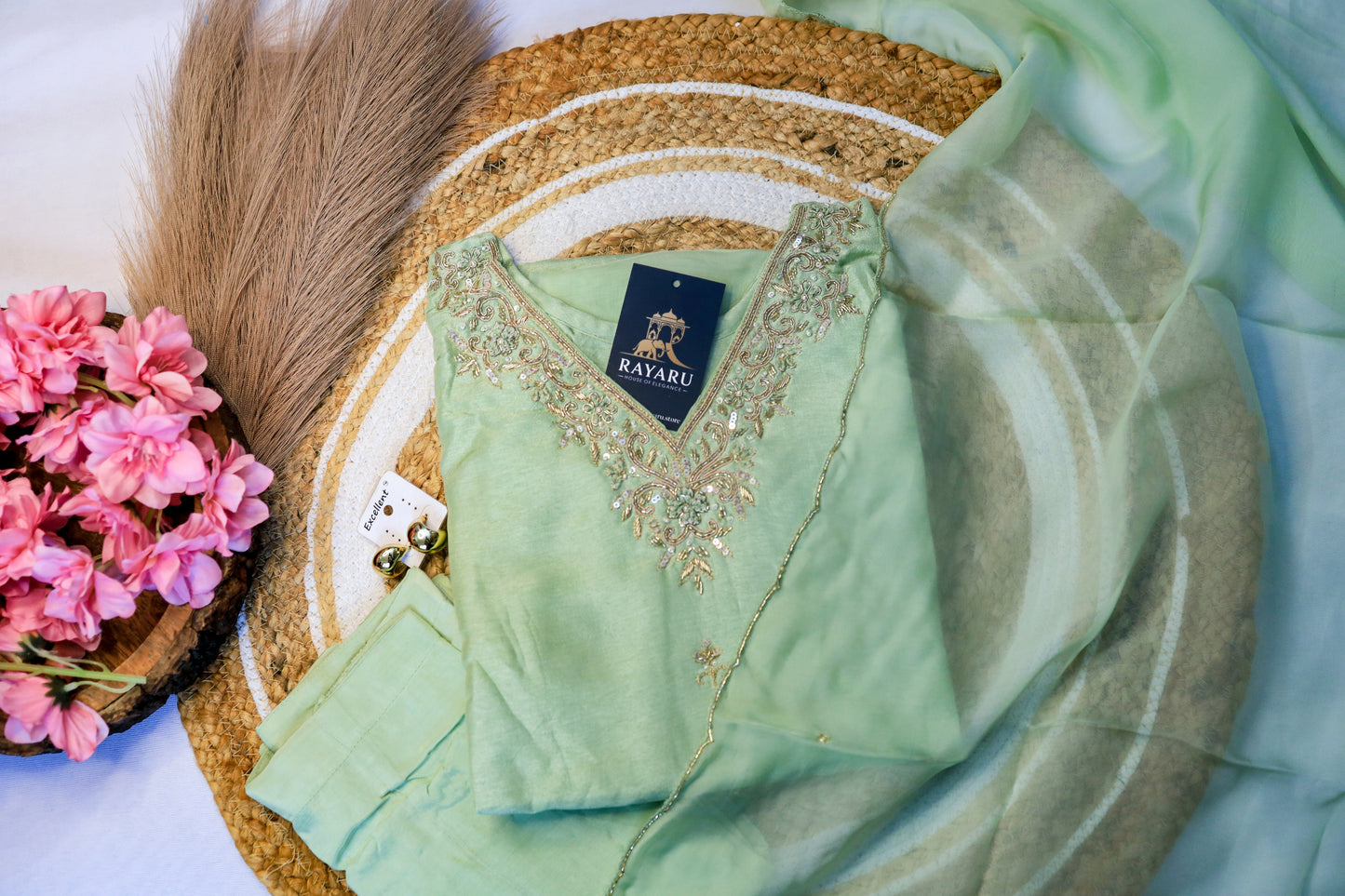 Pastel Green Russian Silk Kurti Set with Pant & Dupatta