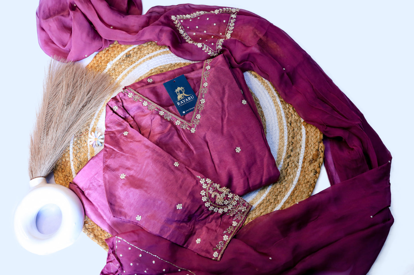 Elegant burgundy embroidered suit set