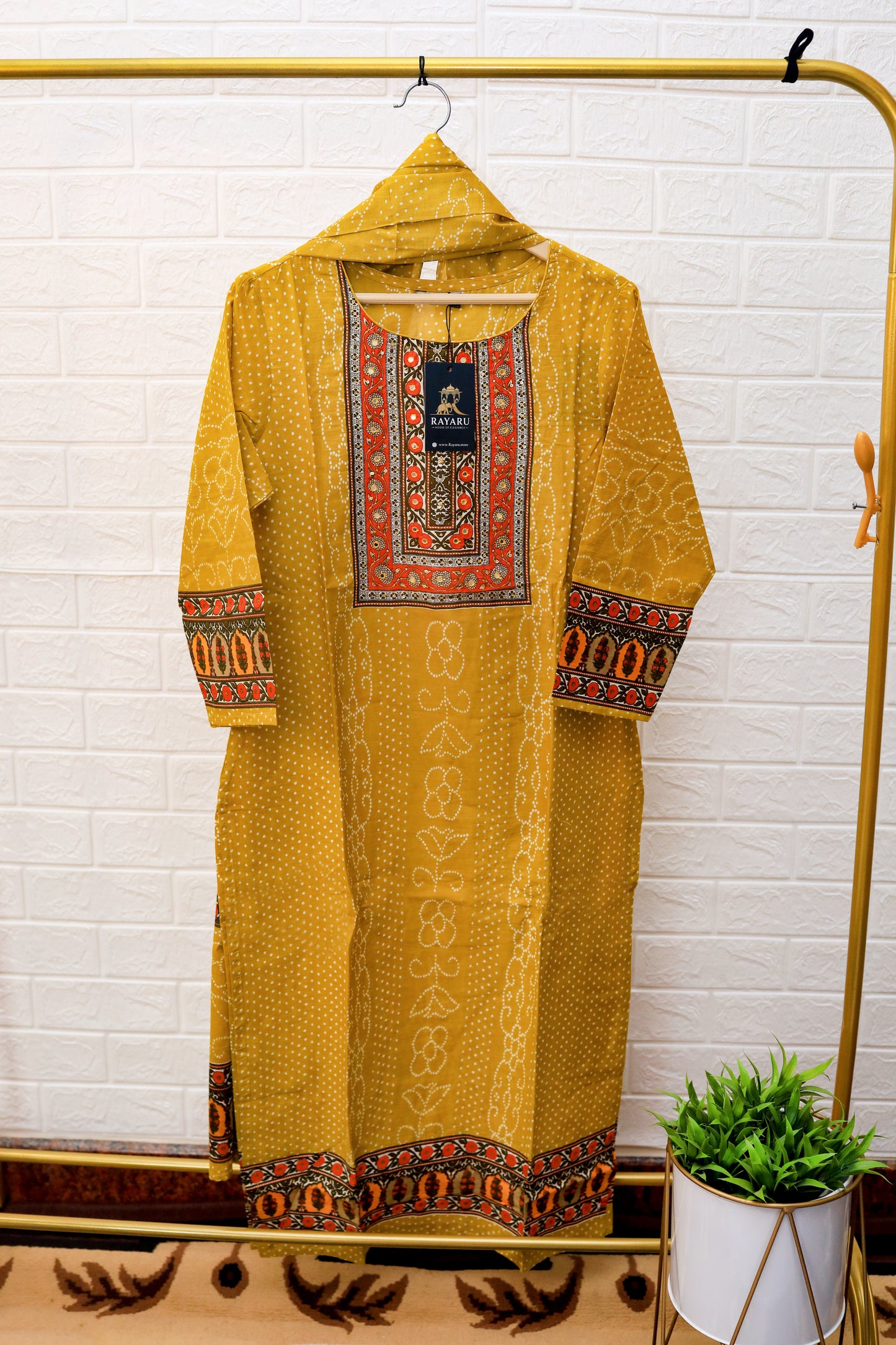 A stylish and breathable cotton Mustard Yellow kurti set