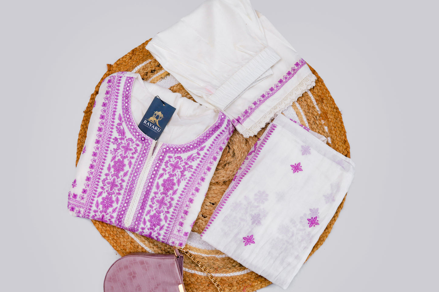 White Mul Cotton Kurta Set – Purple Print