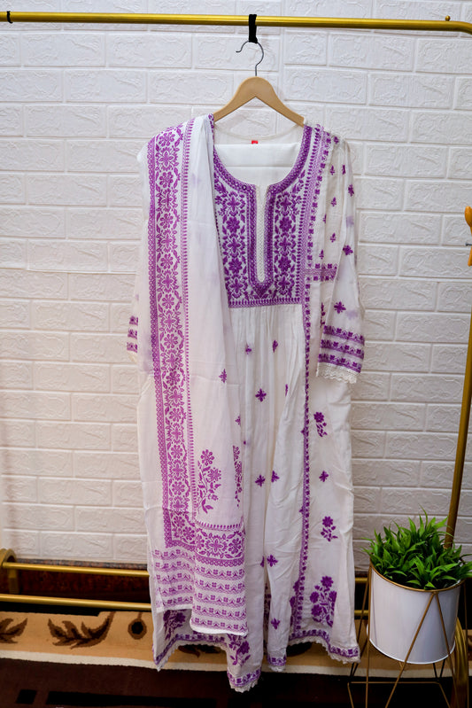 White Mul Cotton Kurta Set – Purple Print