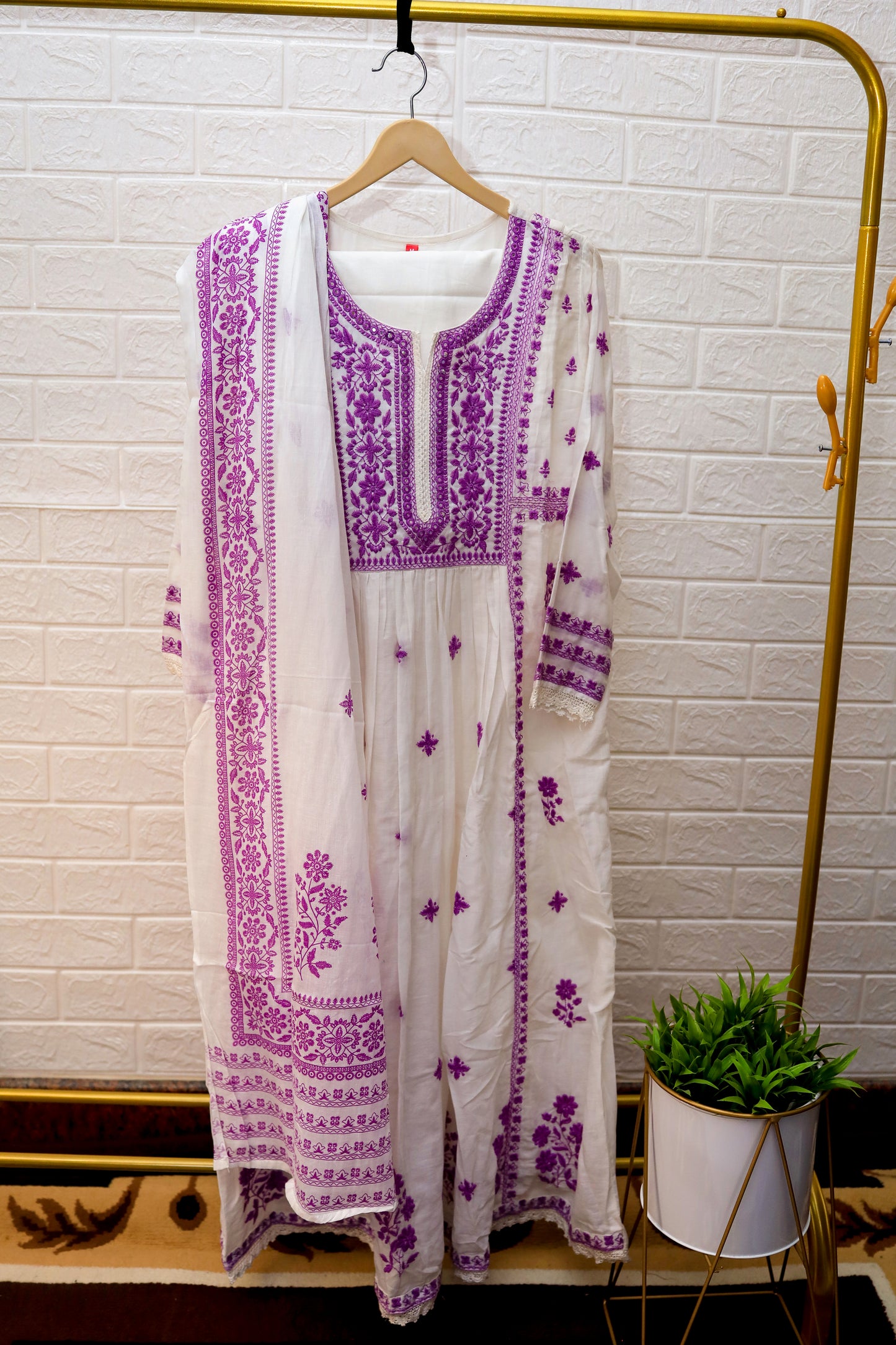 White Mul Cotton Kurta Set – Purple Print
