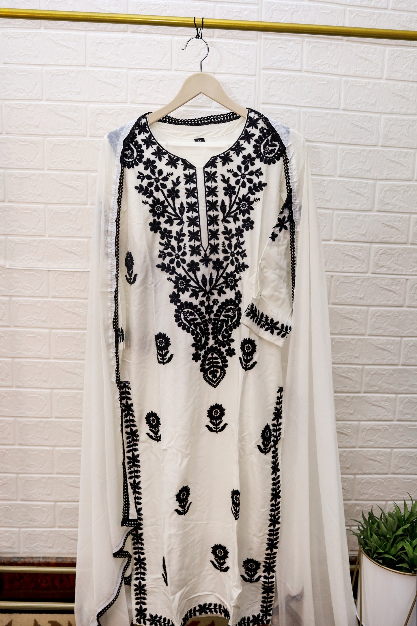 White Chikankari Kurti Set with Black Thread Work