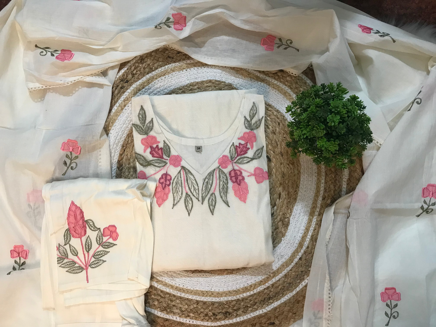 Floral embroidered White Kurti set