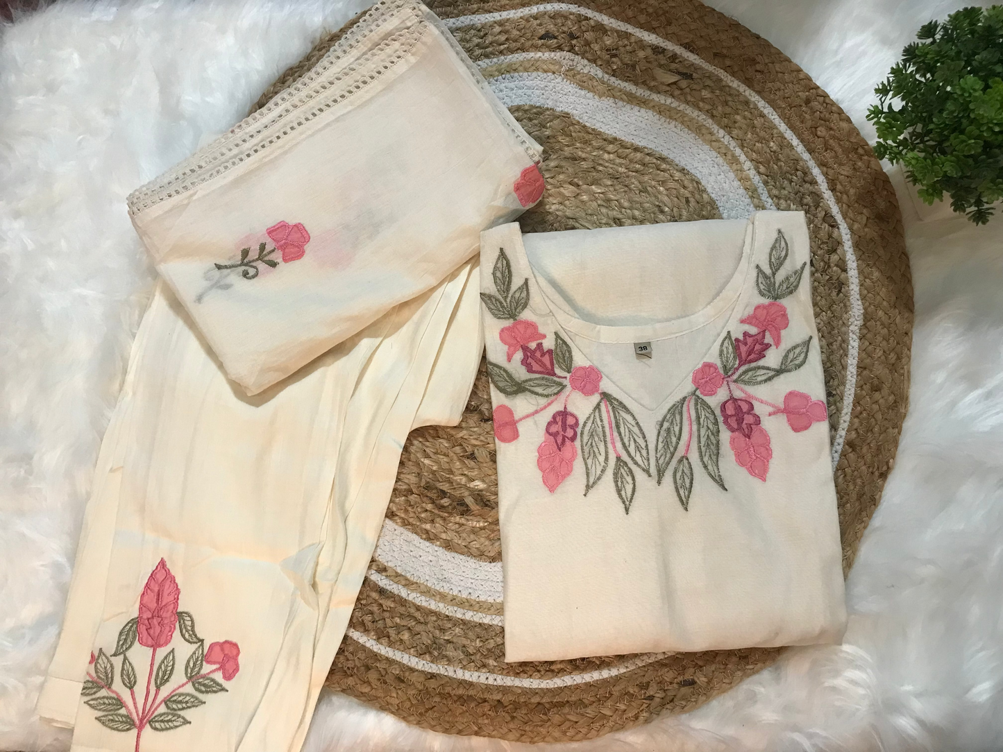 Floral embroidered White Kurti set