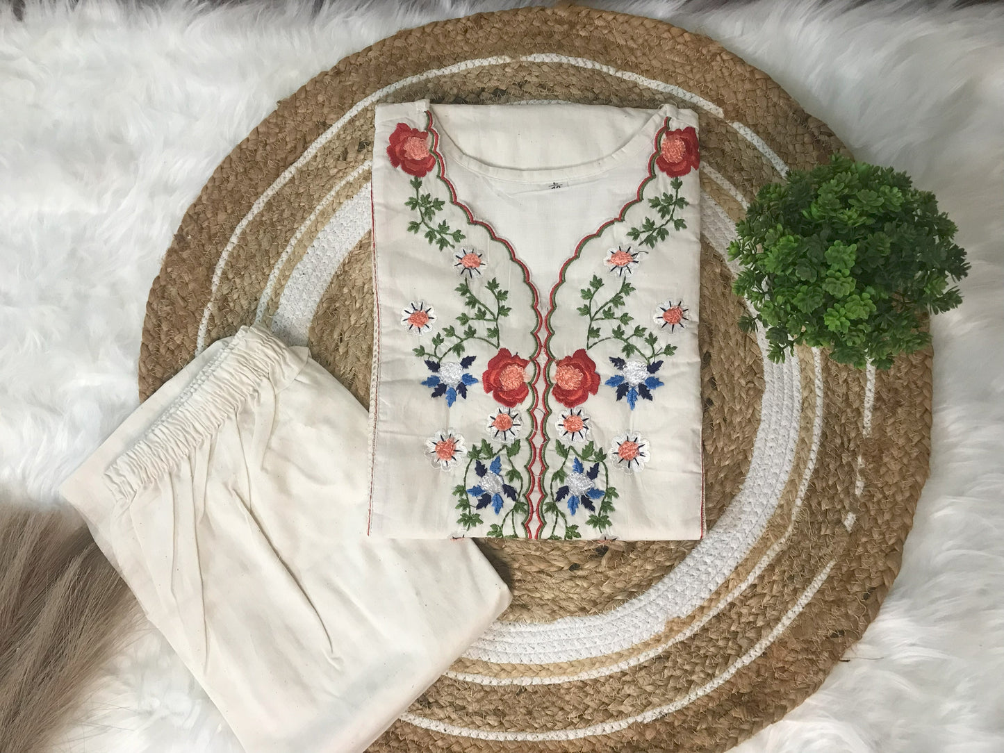Half White Floral Embroidered 2-Piece Cotton Kurti Set