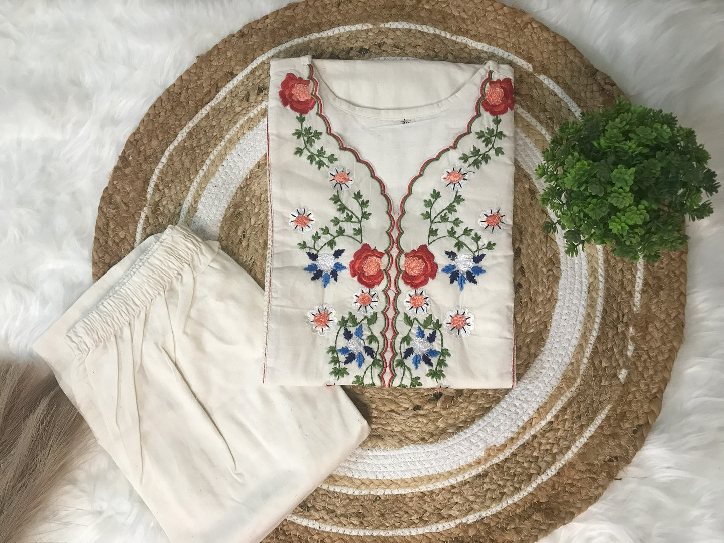 Half White Floral Embroidered 2-Piece Cotton Kurti Set
