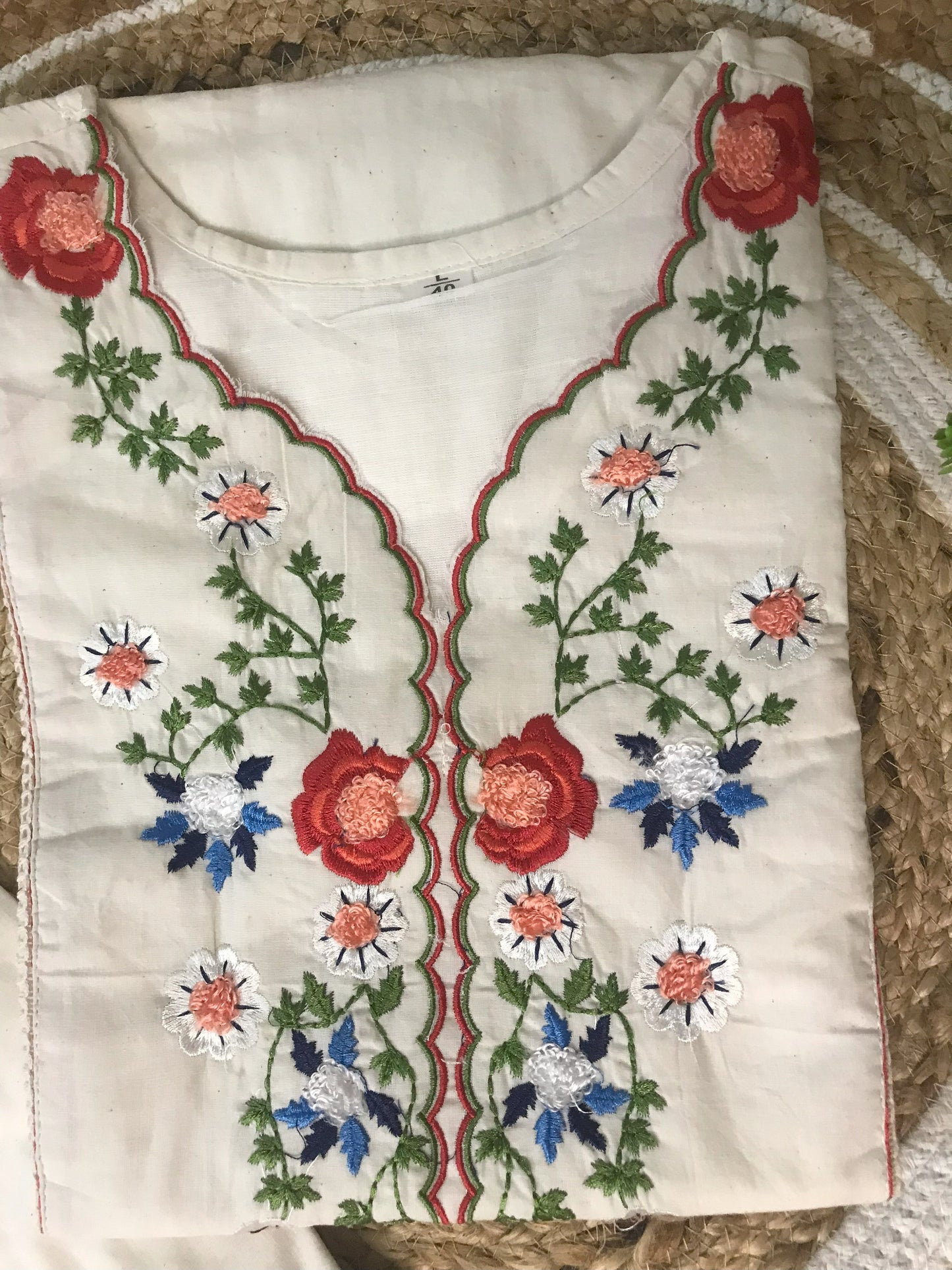 Half White Floral Embroidered 2-Piece Cotton Kurti Set