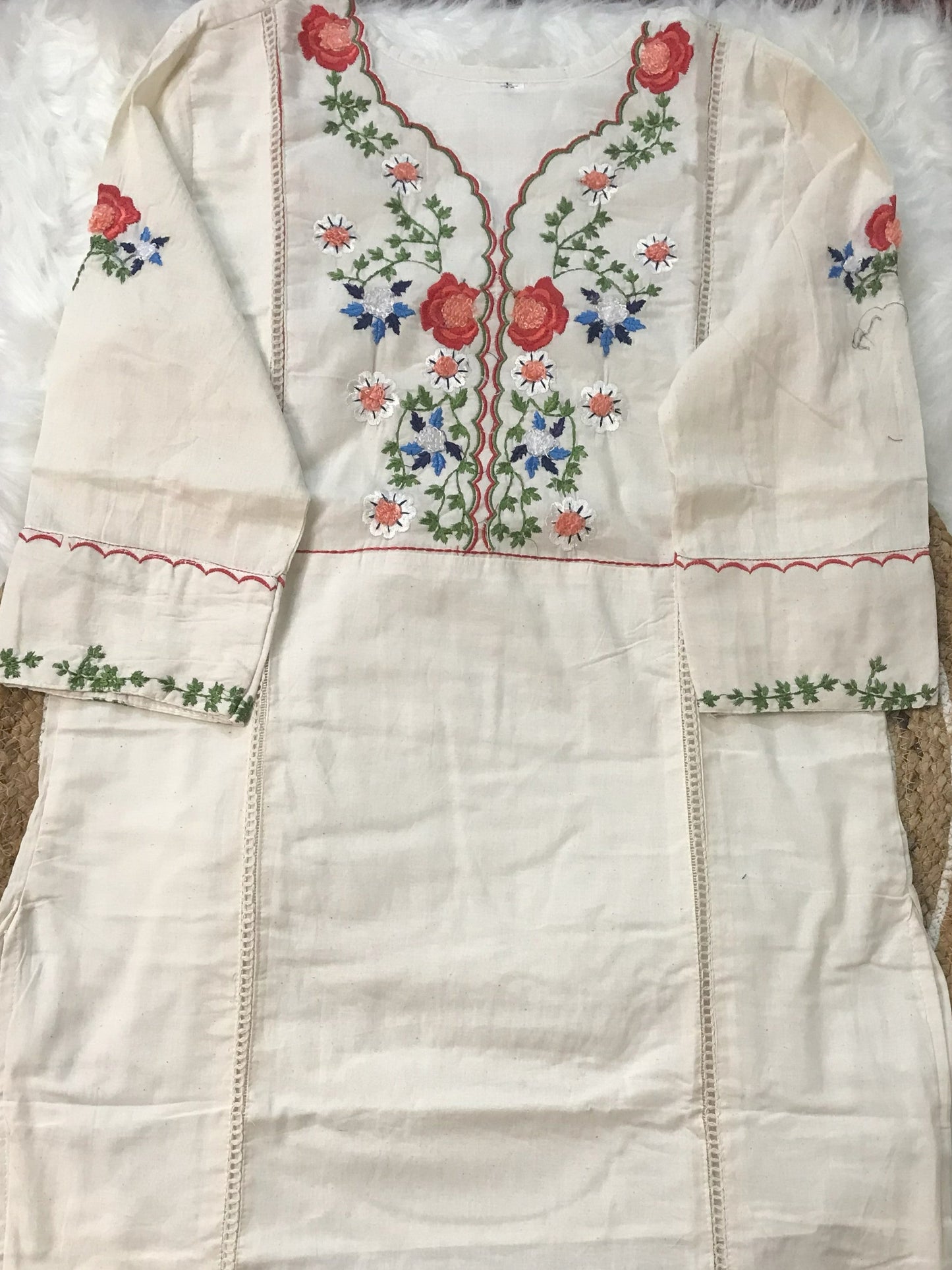 Half White Floral Embroidered 2-Piece Cotton Kurti Set