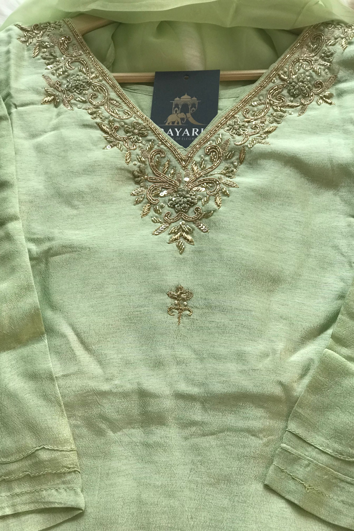 Pastel Green Russian Silk Kurti Set with Pant & Dupatta