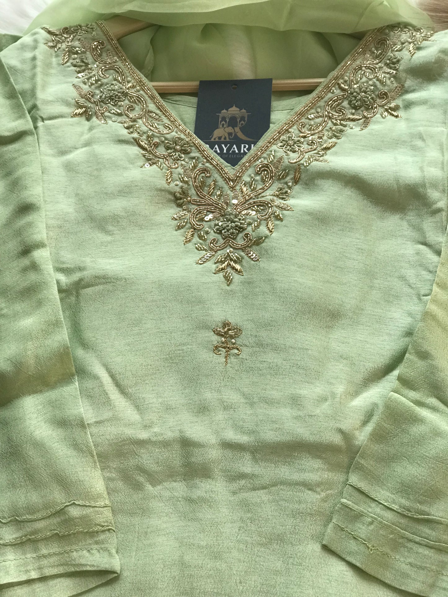 Pastel Green Russian Silk Kurti Set with Pant & Dupatta
