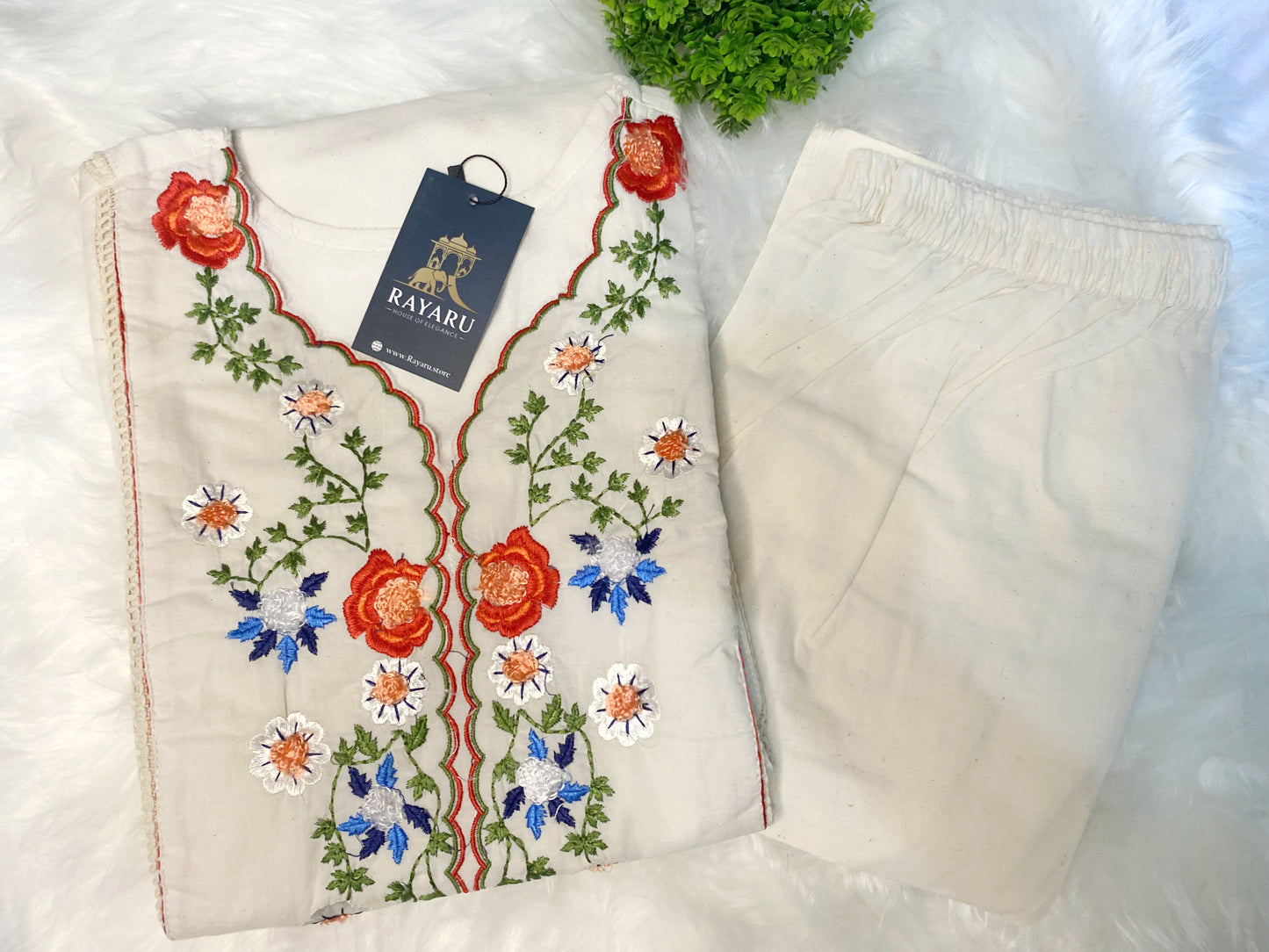 Half White Floral Embroidered 2-Piece Cotton Kurti Set