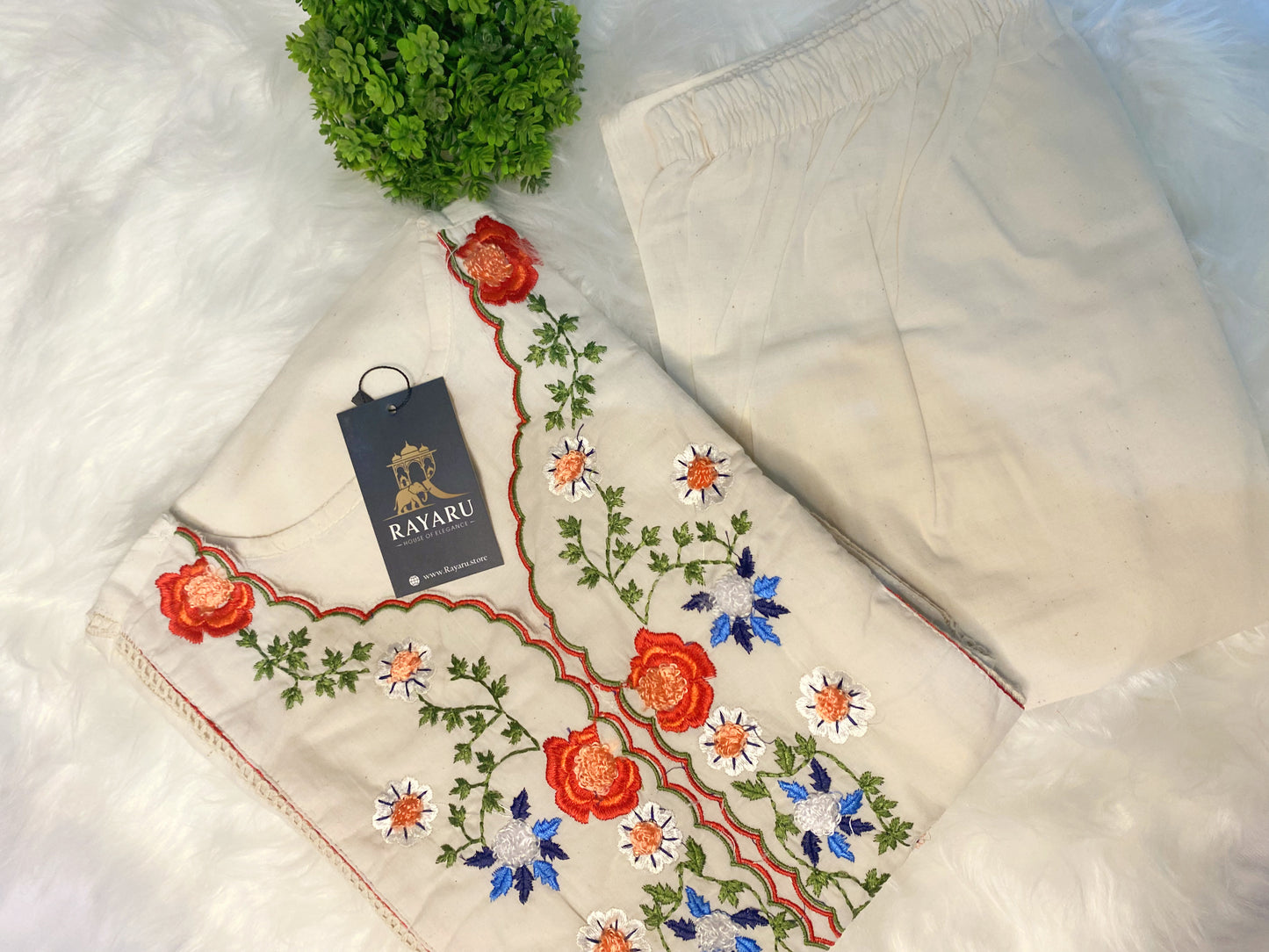 Half White Floral Embroidered 2-Piece Cotton Kurti Set