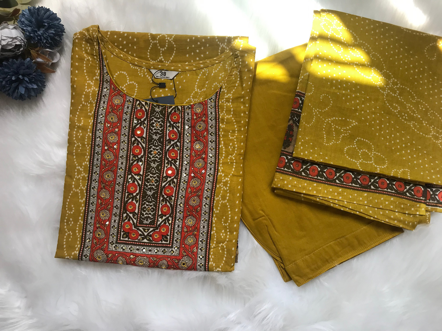 A stylish and breathable cotton Mustard Yellow kurti set