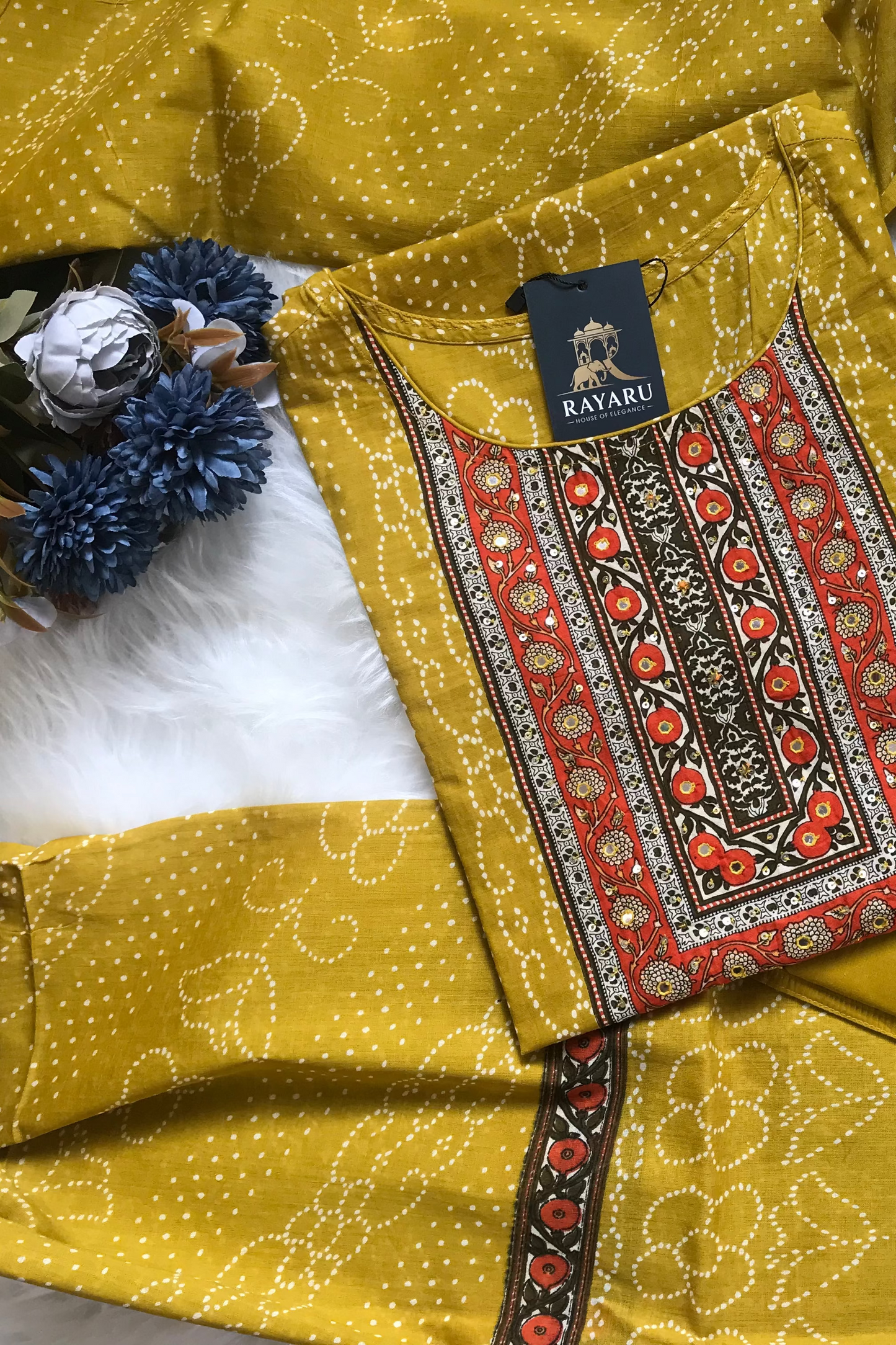 A stylish and breathable cotton Mustard Yellow kurti set