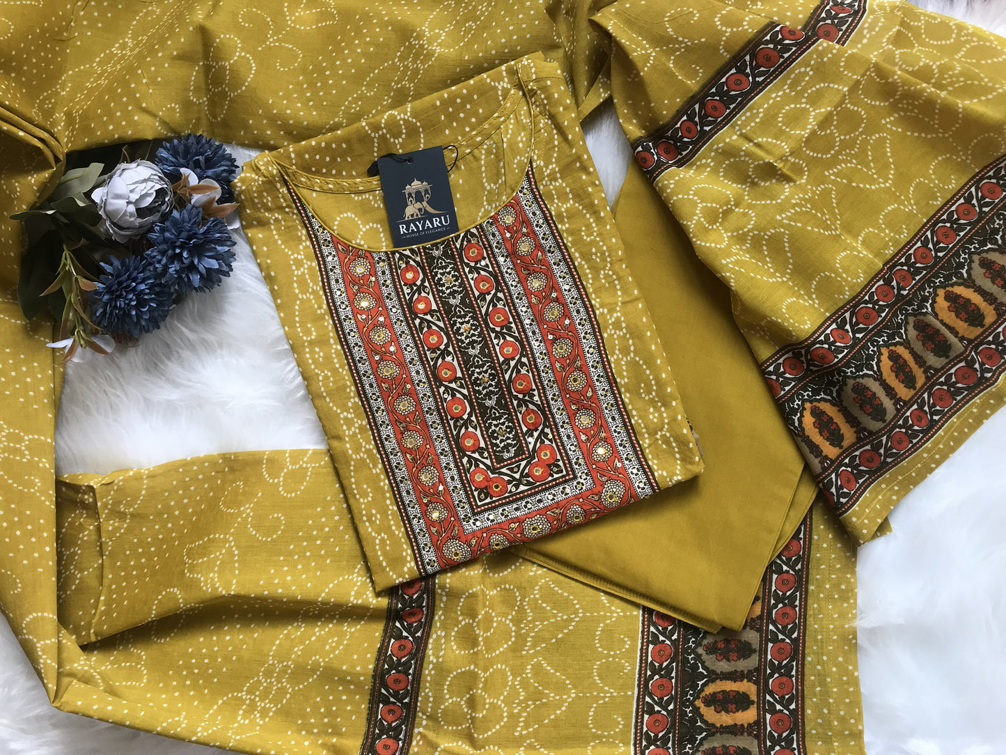 A stylish and breathable cotton Mustard Yellow kurti set