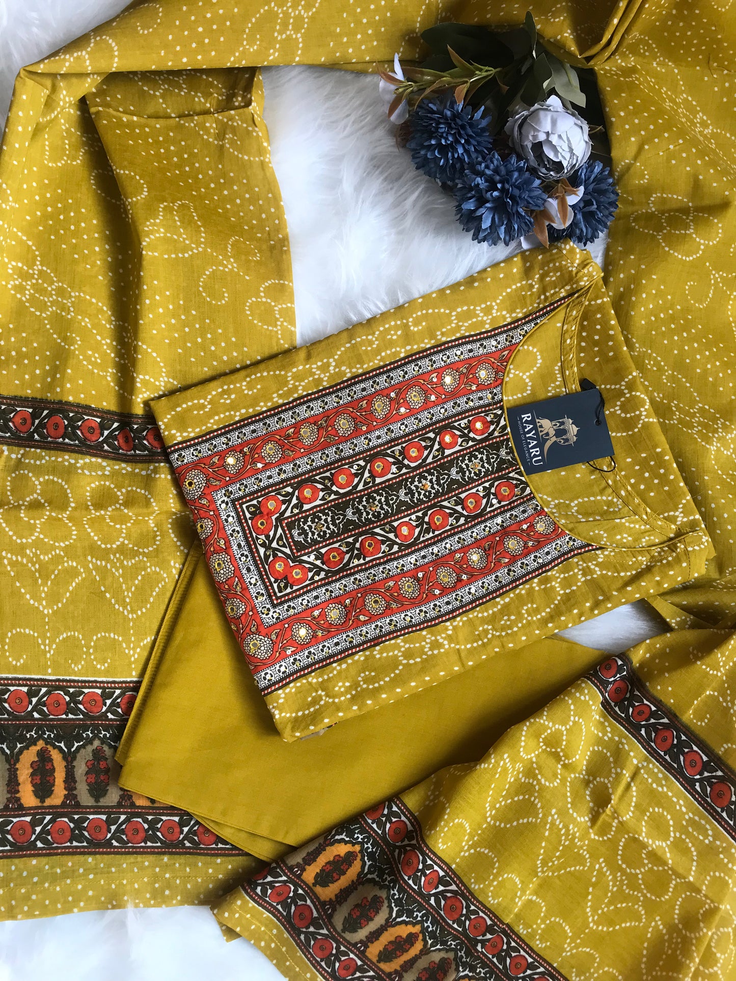 A stylish and breathable cotton Mustard Yellow kurti set