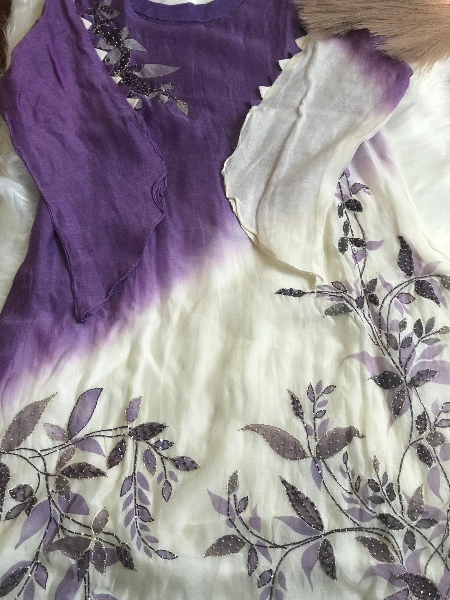 Mul Chanderi outfit featuring a seamless blend of purple and white hues