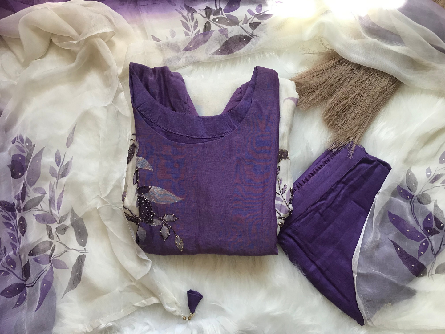 Mul Chanderi outfit featuring a seamless blend of purple and white hues