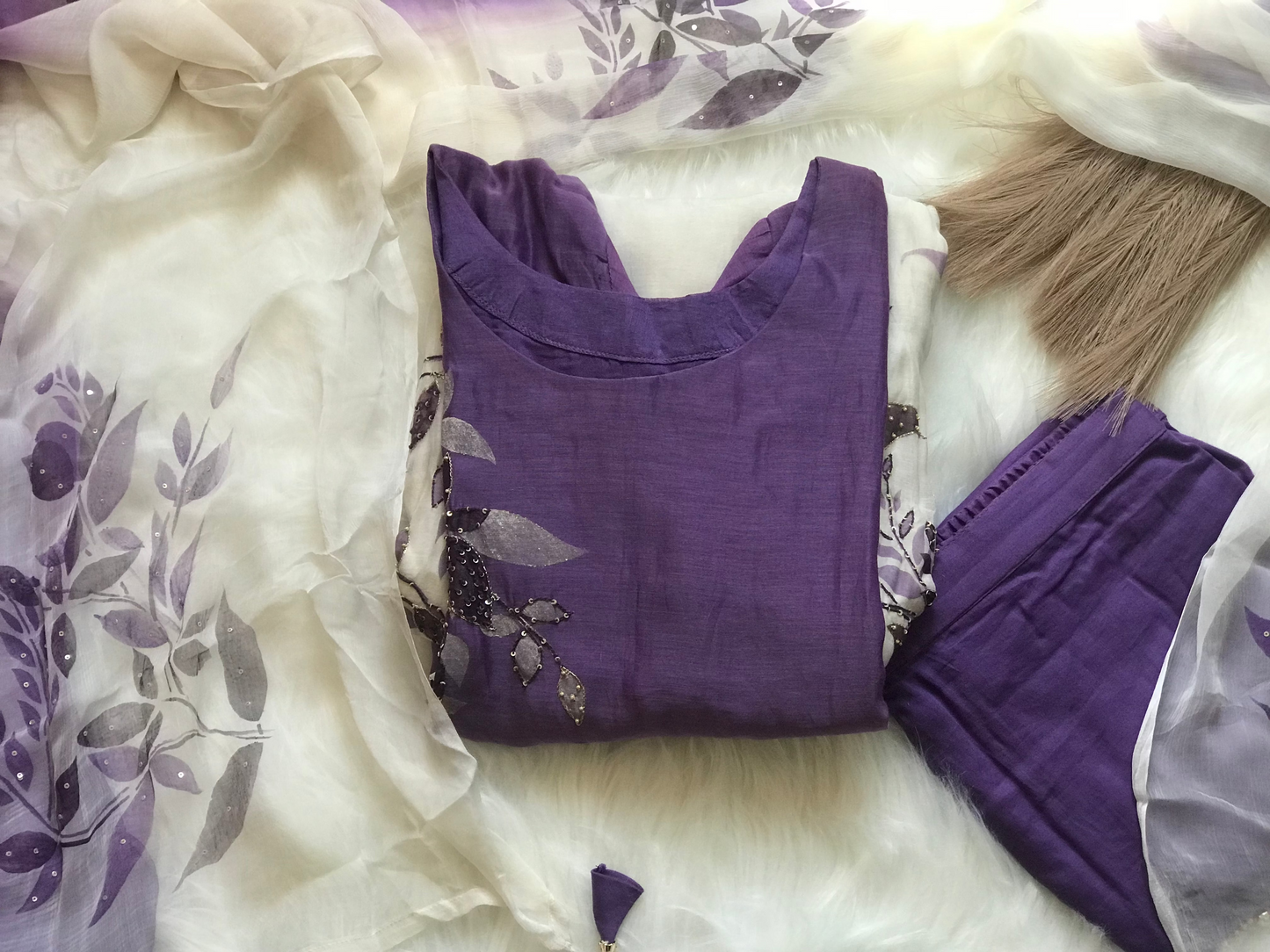 Mul Chanderi outfit featuring a seamless blend of purple and white hues