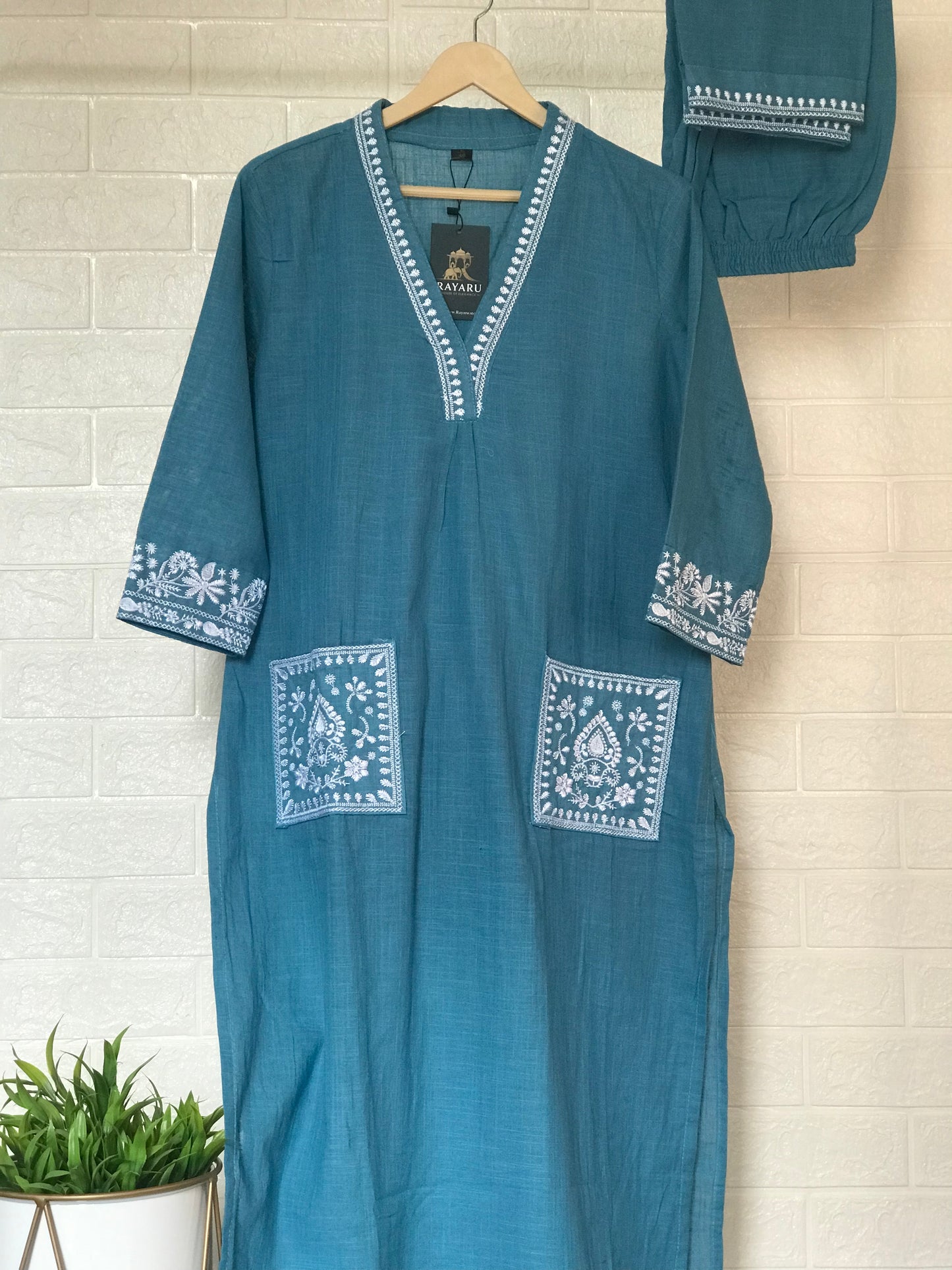 Effortless office chic: Light blue cotton kurti with matching pants.