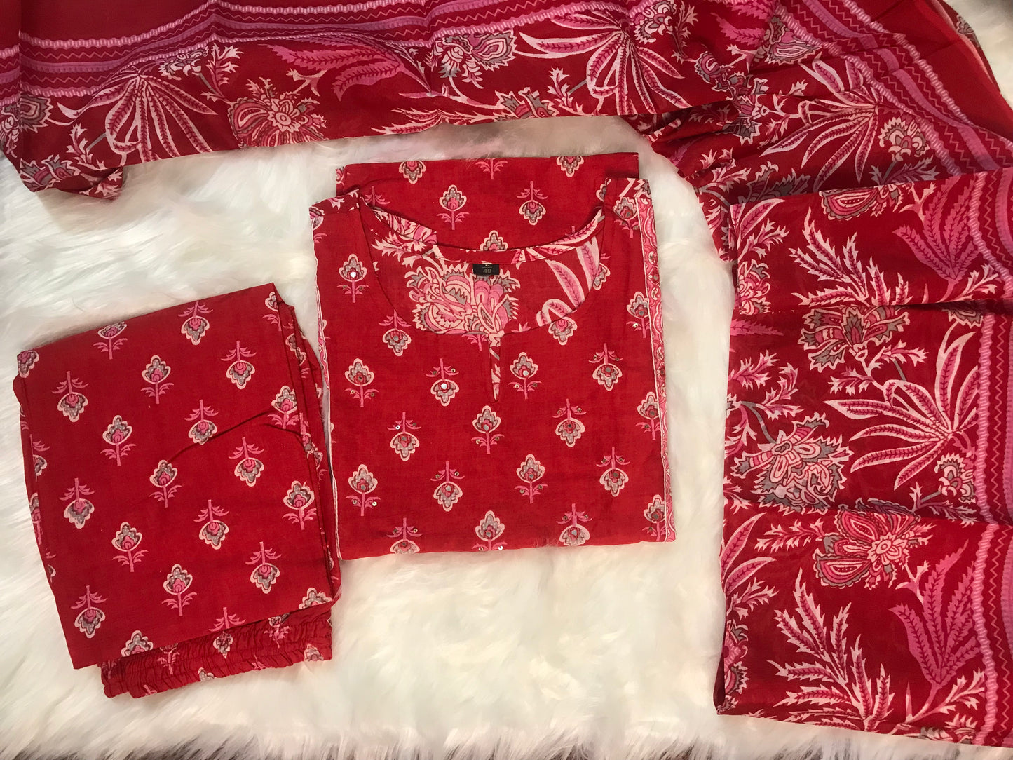 Red Floral Printed 3-Piece Cotton Kurti Set