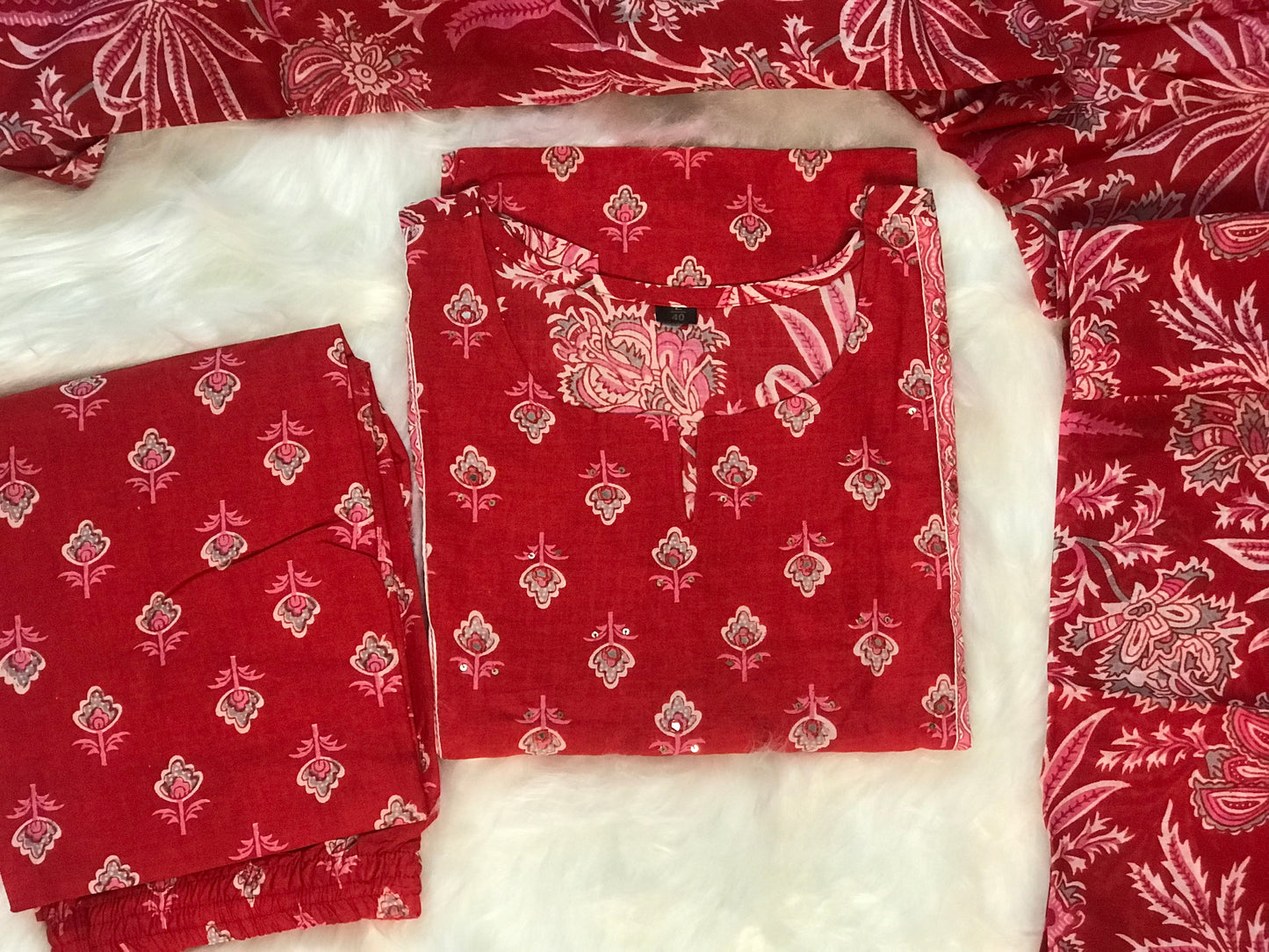 Red Floral Printed 3-Piece Cotton Kurti Set