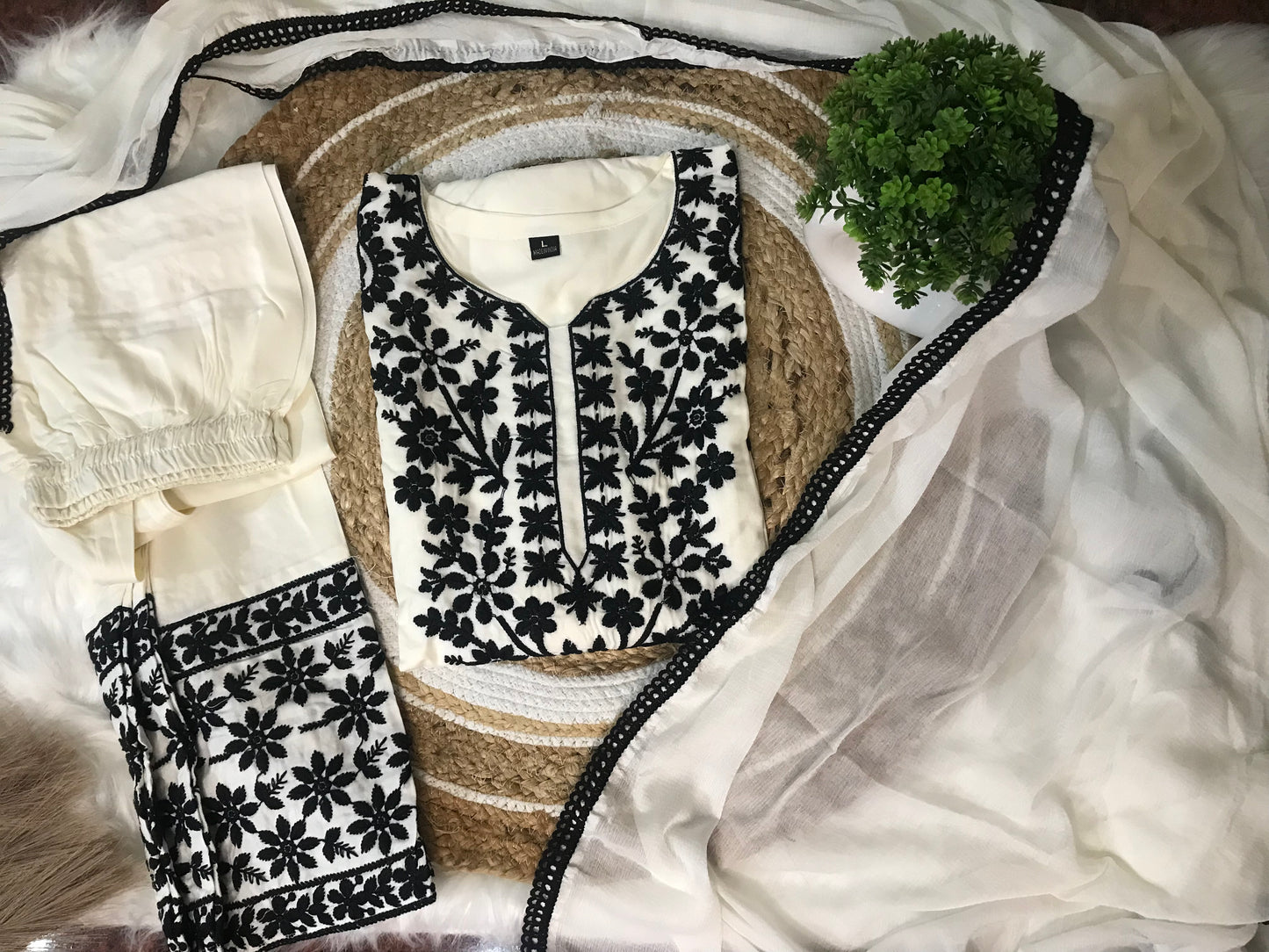 White Chikankari Kurti Set with Black Thread Work
