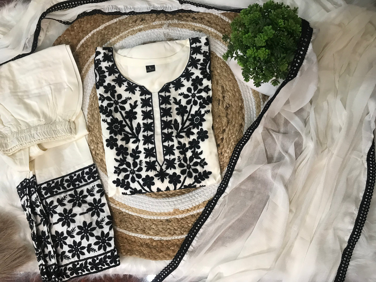 White Chikankari Kurti Set with Black Thread Work