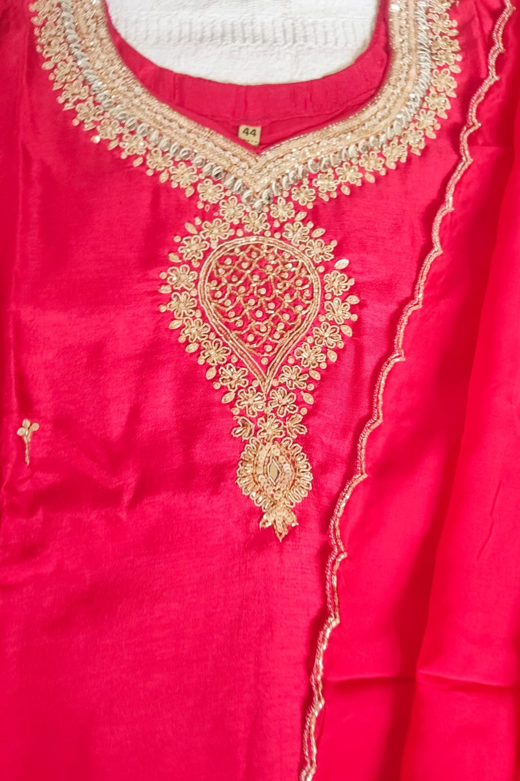 Rani pink Russian silk kurti set with golden embroidery