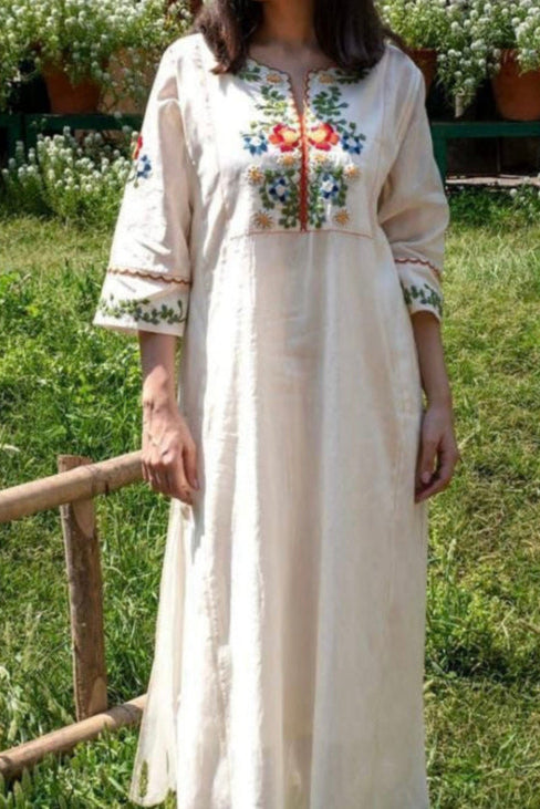 Half White Floral Embroidered 2-Piece Cotton Kurti Set