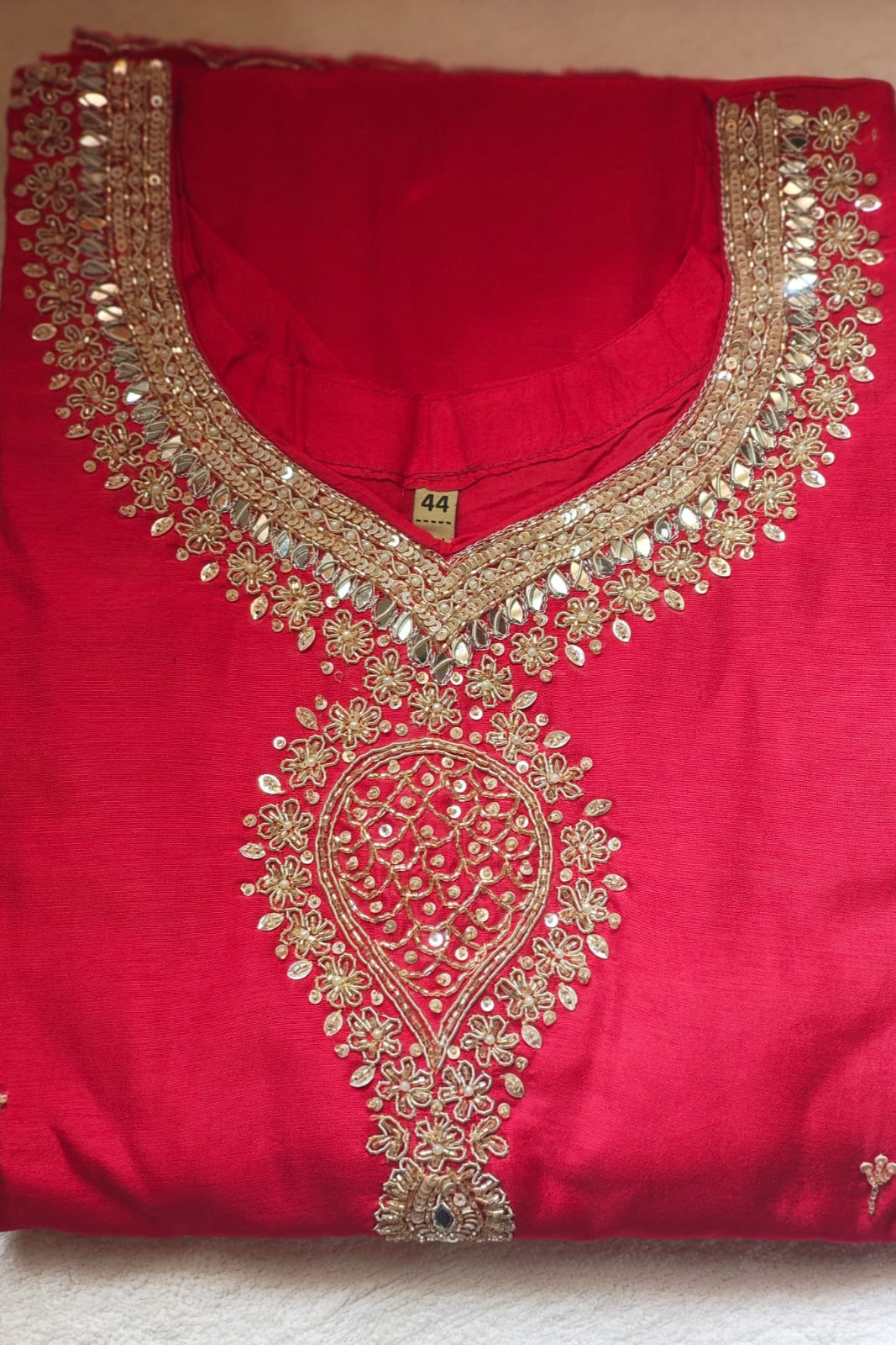 Rani pink Russian silk kurti set with golden embroidery