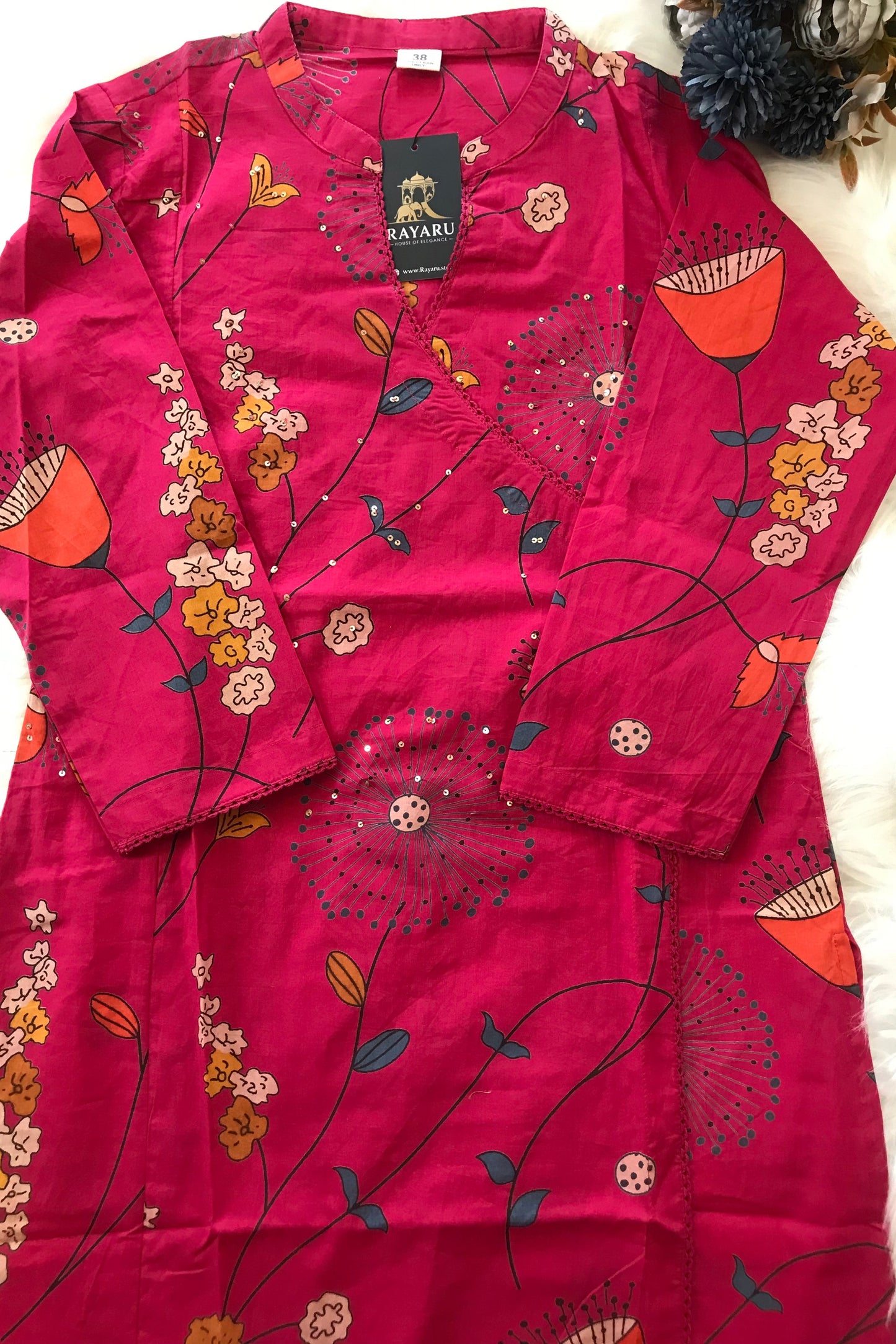 Angrakha Cotton Kurti 2-Piece Set – Rani Pink