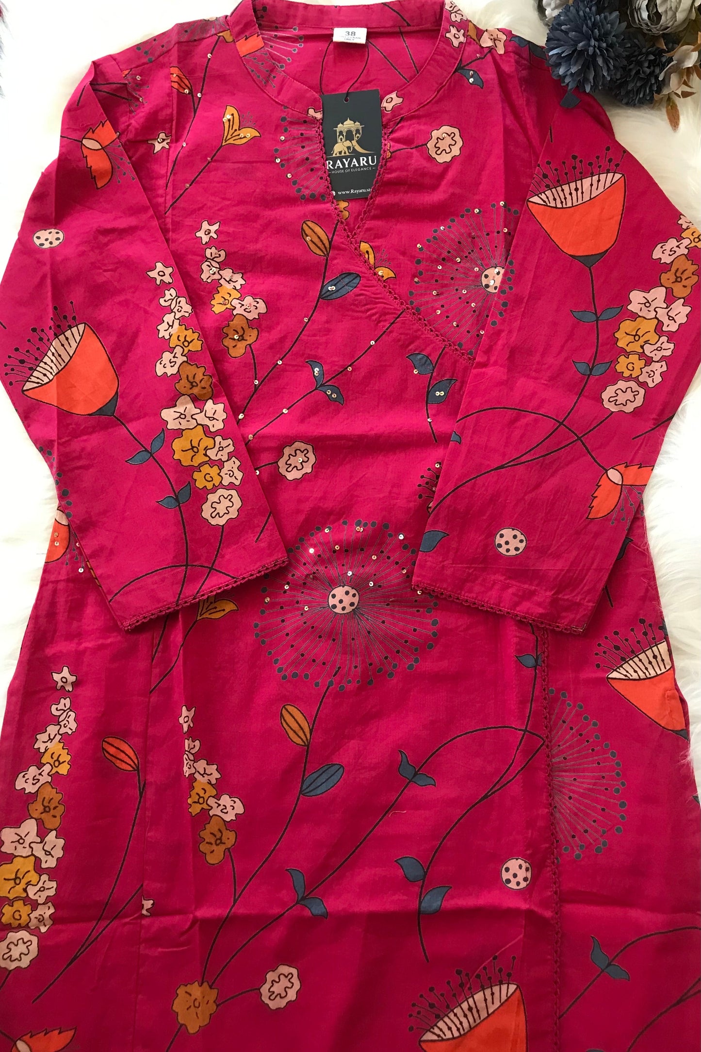 Angrakha Cotton Kurti 2-Piece Set – Rani Pink