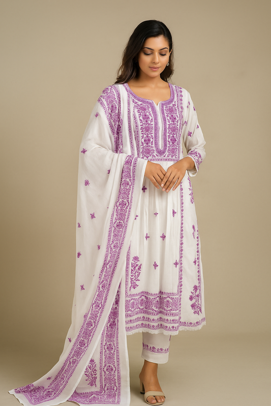 White Mul Cotton Kurta Set – Purple Print