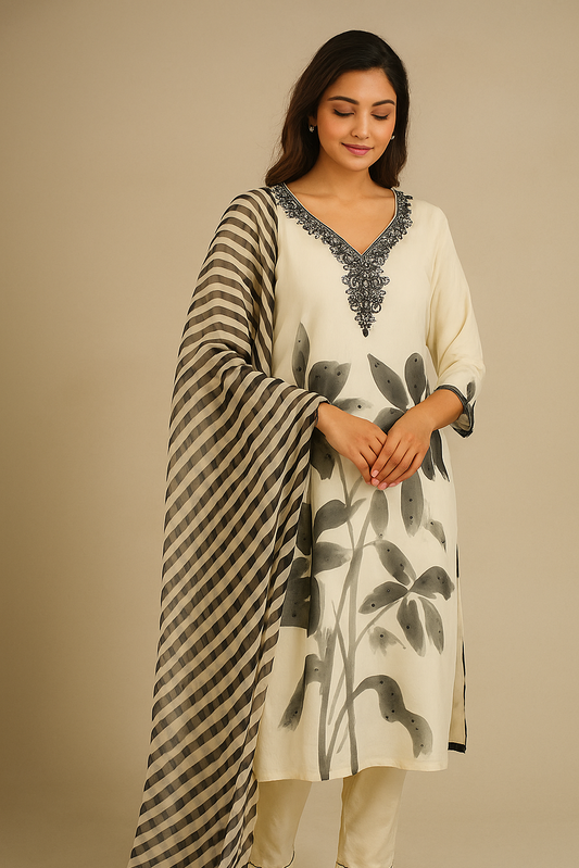 Elegant white organza kurta featuring intricate black embroidery