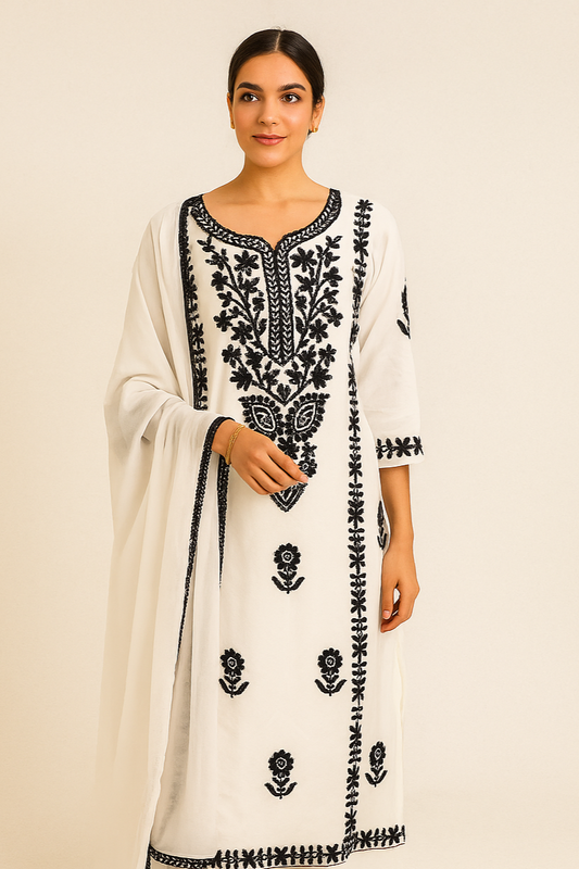 White Chikankari Kurti Set with Black Thread Work