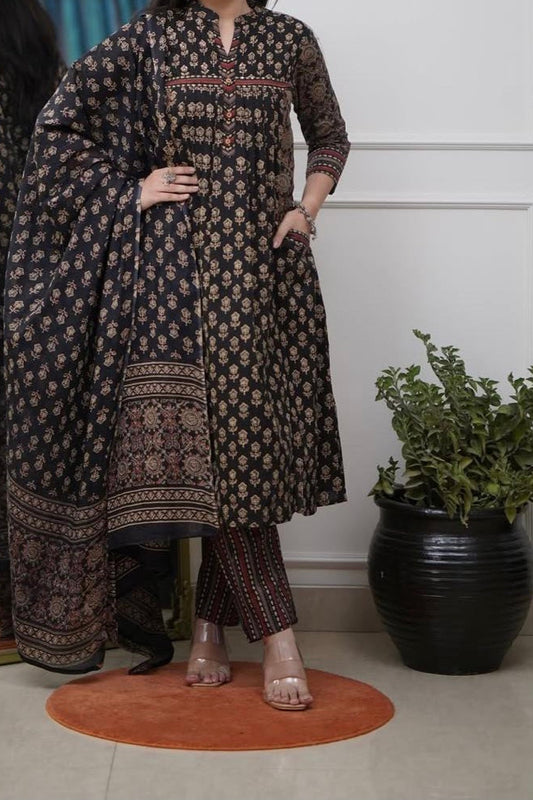 A timeless black floral ensemble for work and casual wear.