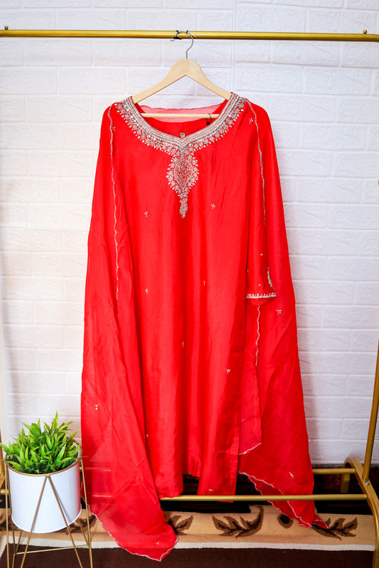 Rani pink Russian silk kurti set with golden embroidery