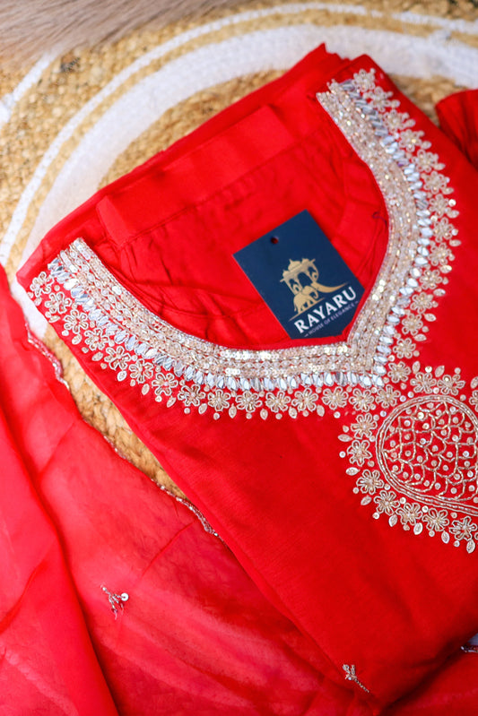 Rani pink Russian silk kurti set with golden embroidery