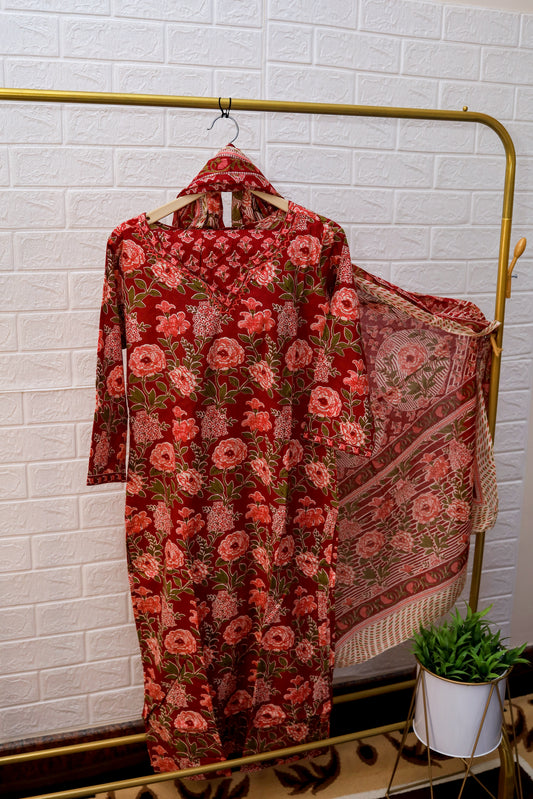 Floral Printed Cotton Kurti Set with Pant and duppatta